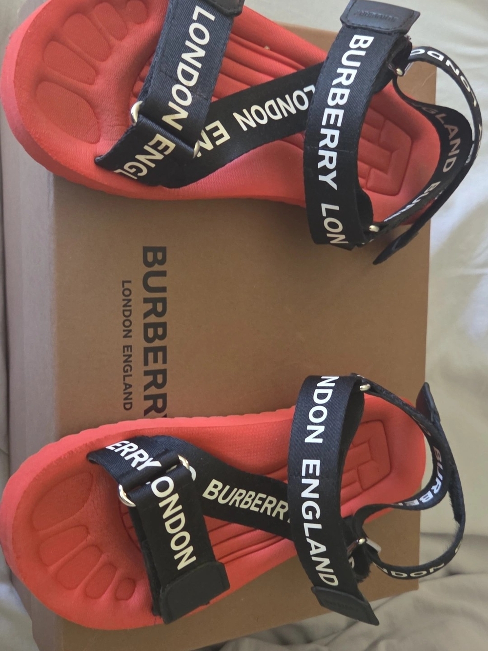 Burberry Kids Coral Footbed Sandals with Black Logo Straps